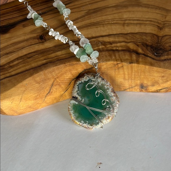 Handmade green geode with sea glass accents Necklace - Picture 6 of 13